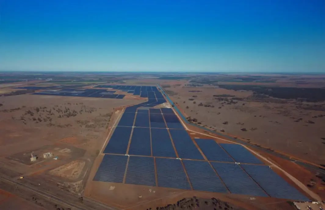 Culcairn Solar Farm aerial view showing Nextracker tracker rows with ECLIPZ cable management system installed across the site
