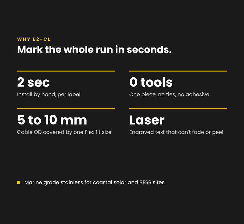 E2-CL key features: two second install, no tools, fits 5 to 10 mm cable, laser engraved text