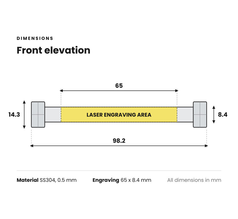 E2-CL dimension drawing: 98.2 mm overall length, 65 x 8.4 mm laser engraving area